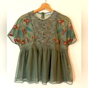 Zara Collection Swiss dot & lace top with flower embroidery